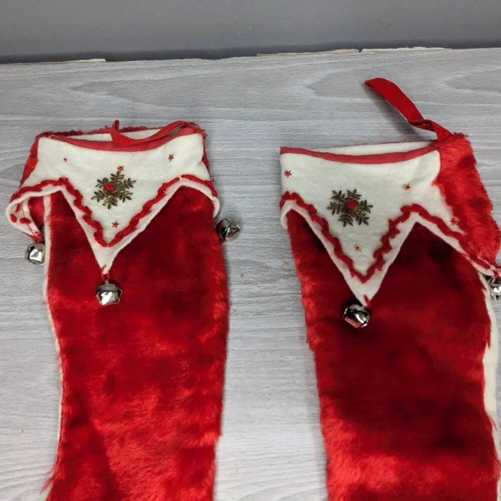 Vintage Felt Red & White Christmas Stockings with Bells 14